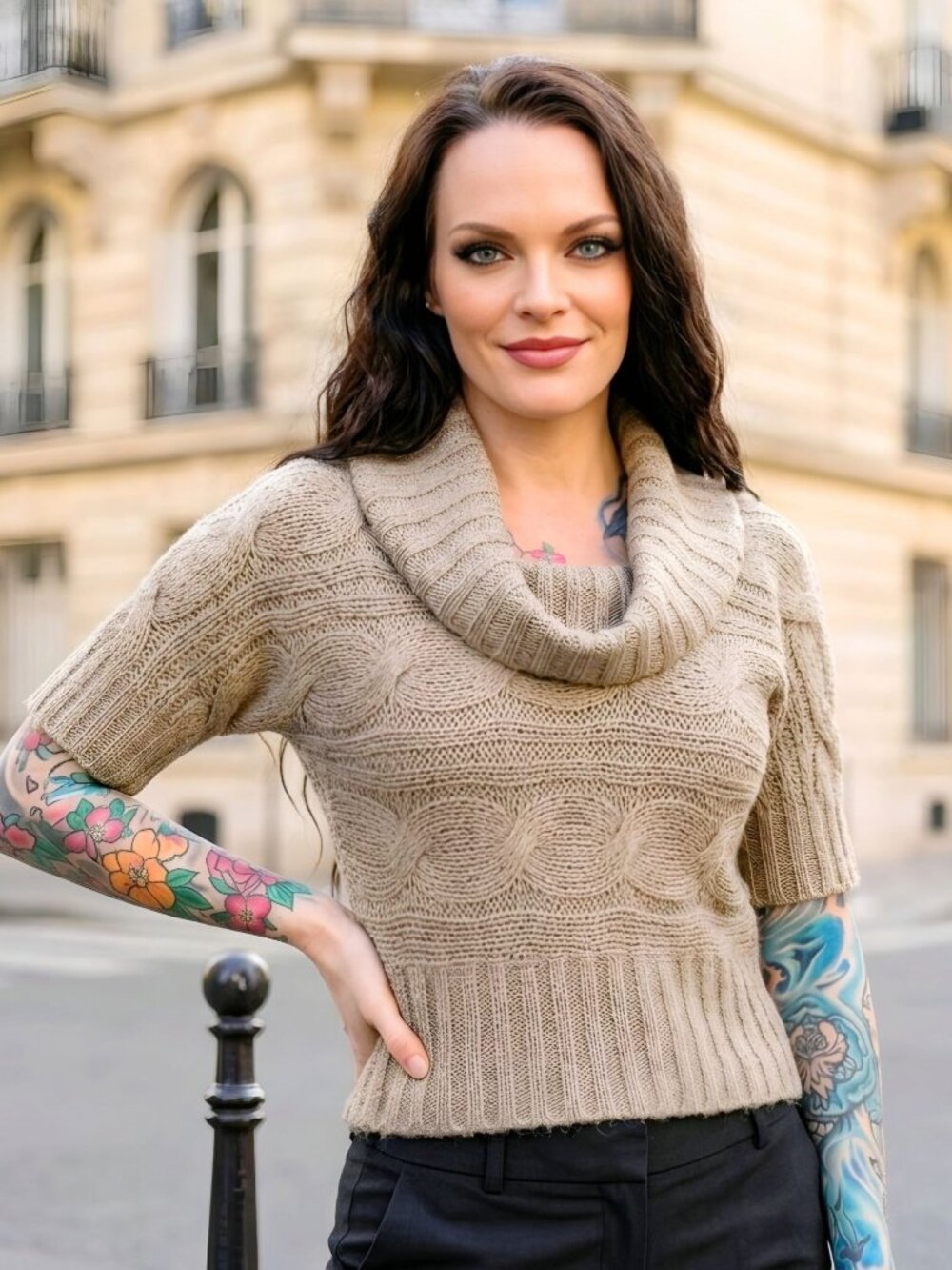 Delias ✦ Cable Knit Short‑Sleeve Sweater ✦ Tan Cowl‑Neck Soft Acrylic Textured S